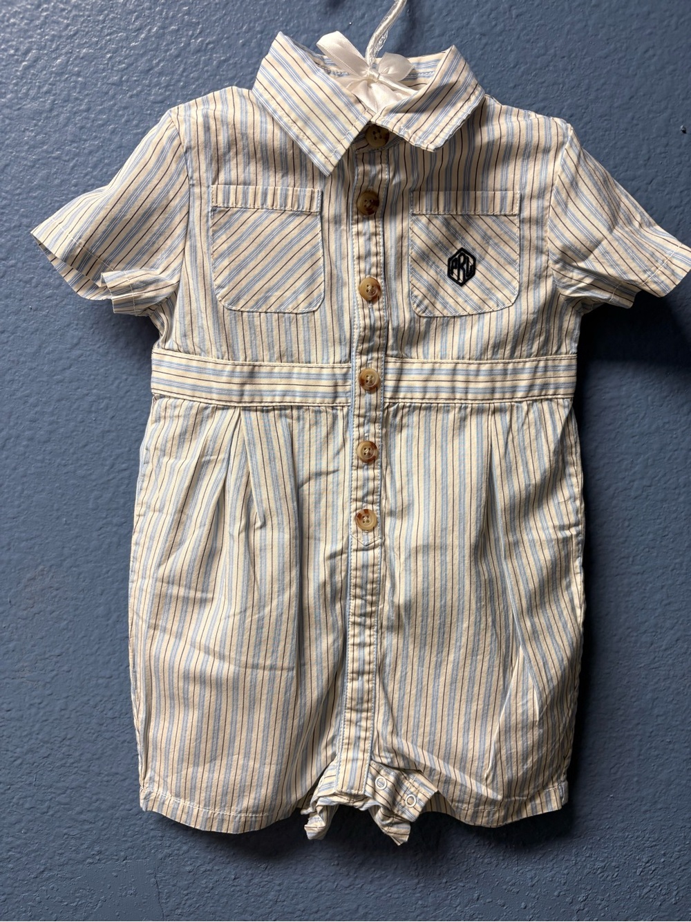 Polo Ralph Lauren Baby Boys Striped Button-Front Romper in Cream & Blue